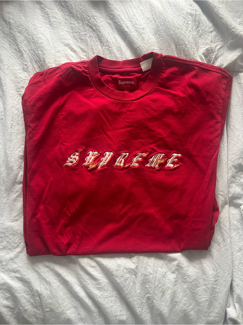 Supreme Red Short-Sleeve Tee with Gothic Embroidered Logo